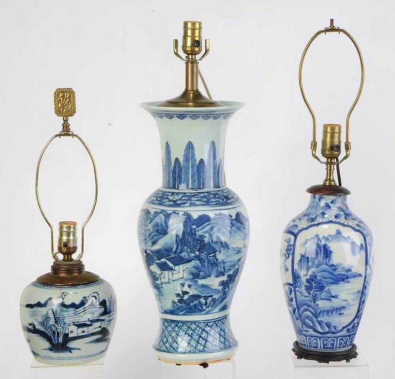 Appraisal: Three Chinese Blue and White Porcelain Lamps th th century