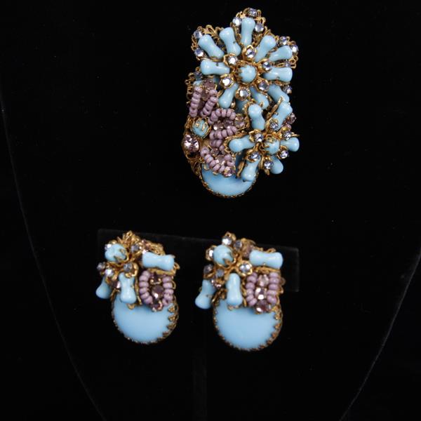 Appraisal: Miriam Haskell pc Blue Floral Brooch Pin Clip Earrings H