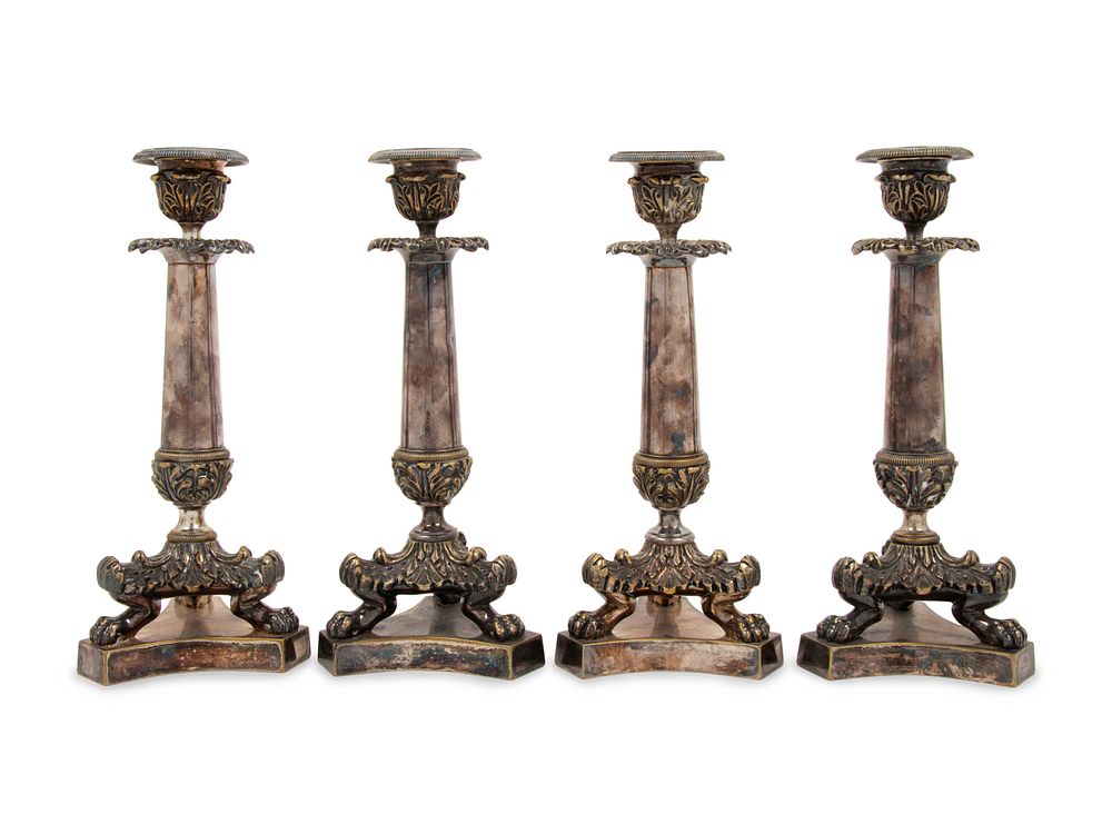 Appraisal: A Set of Four Neoclassical Silvered Bronze Candlesticks A Set