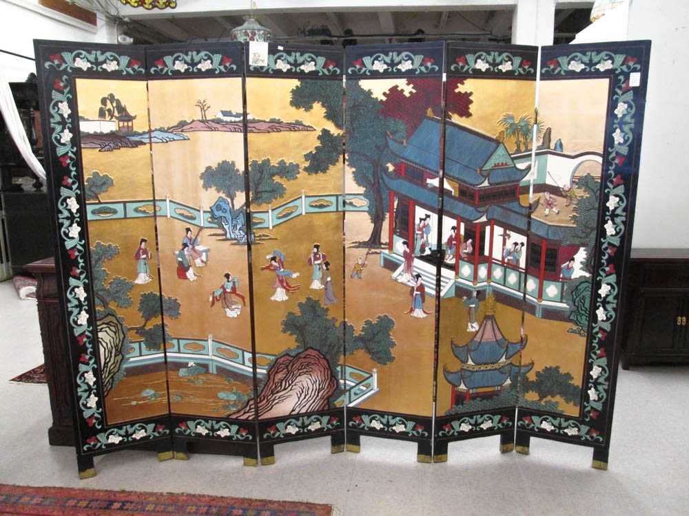 Appraisal: CHINESE FOUR-PANEL FLOOR SCREEN the primary side featuring a colorful