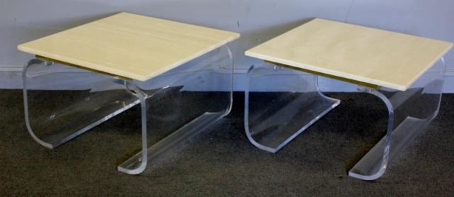 Appraisal: Midcentury Pair of Travertine Top and Lucite EndTables Chrome accent