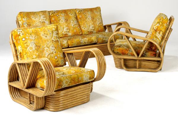 Appraisal: MODERN OUTDOOR Rattan sofa and pair of lounge chairs the