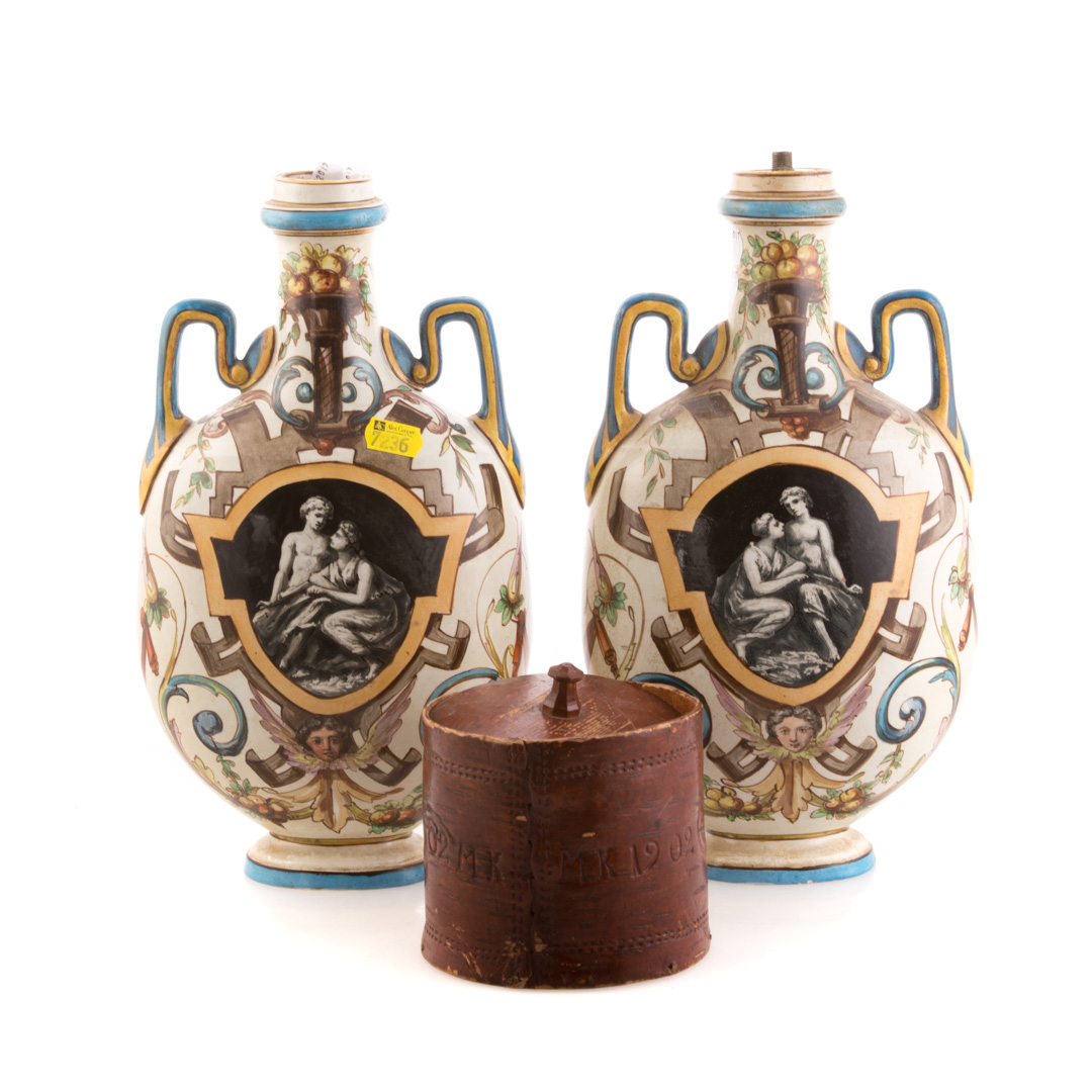 Appraisal: Pair of L Cie faience vases wood tobacco box faience