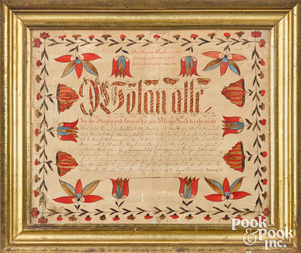 Appraisal: Southeastern Pennsylvania fraktur Southeastern Pennsylvania ink and watercolor fraktur dated