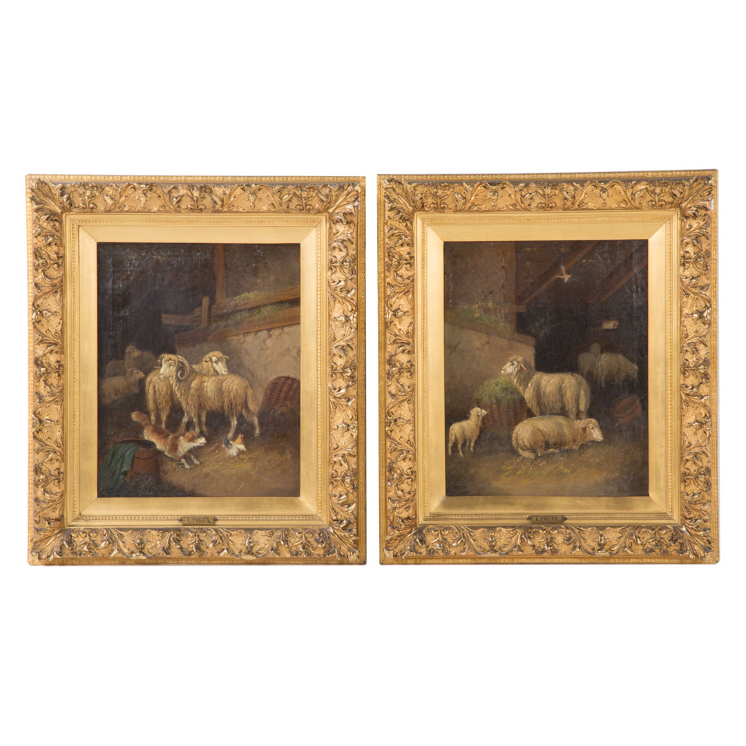 Appraisal: L Folta Sheep in Barns pair of oils on canvas