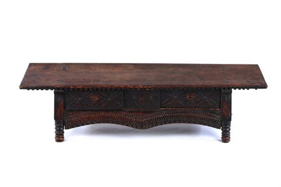 Appraisal: GUATEMALAN CARVED WOOD BENCH Possibly th century With mortise and