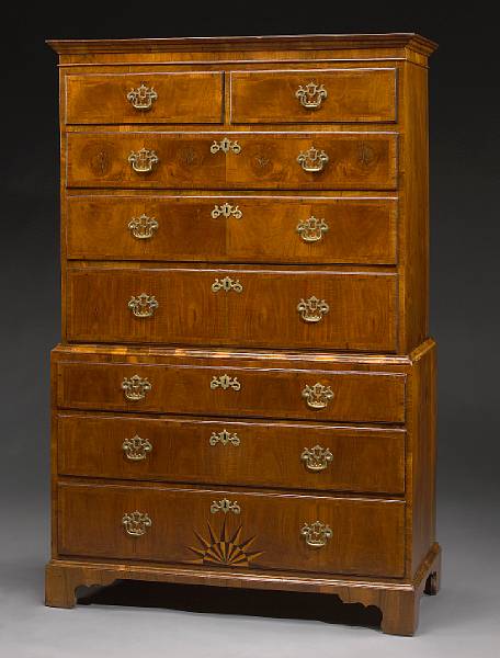 Appraisal: A George I crossbanded walnut secretary chest on chest second