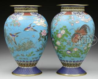 Appraisal: PAIR OF CLOISONNE VASES WITH COCKERELS th century Japan Each