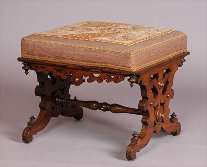 Appraisal: AMERICAN ELIZABETHAN REVIVAL ROSEWOOD STOOL The square needlework-upholstered seat over