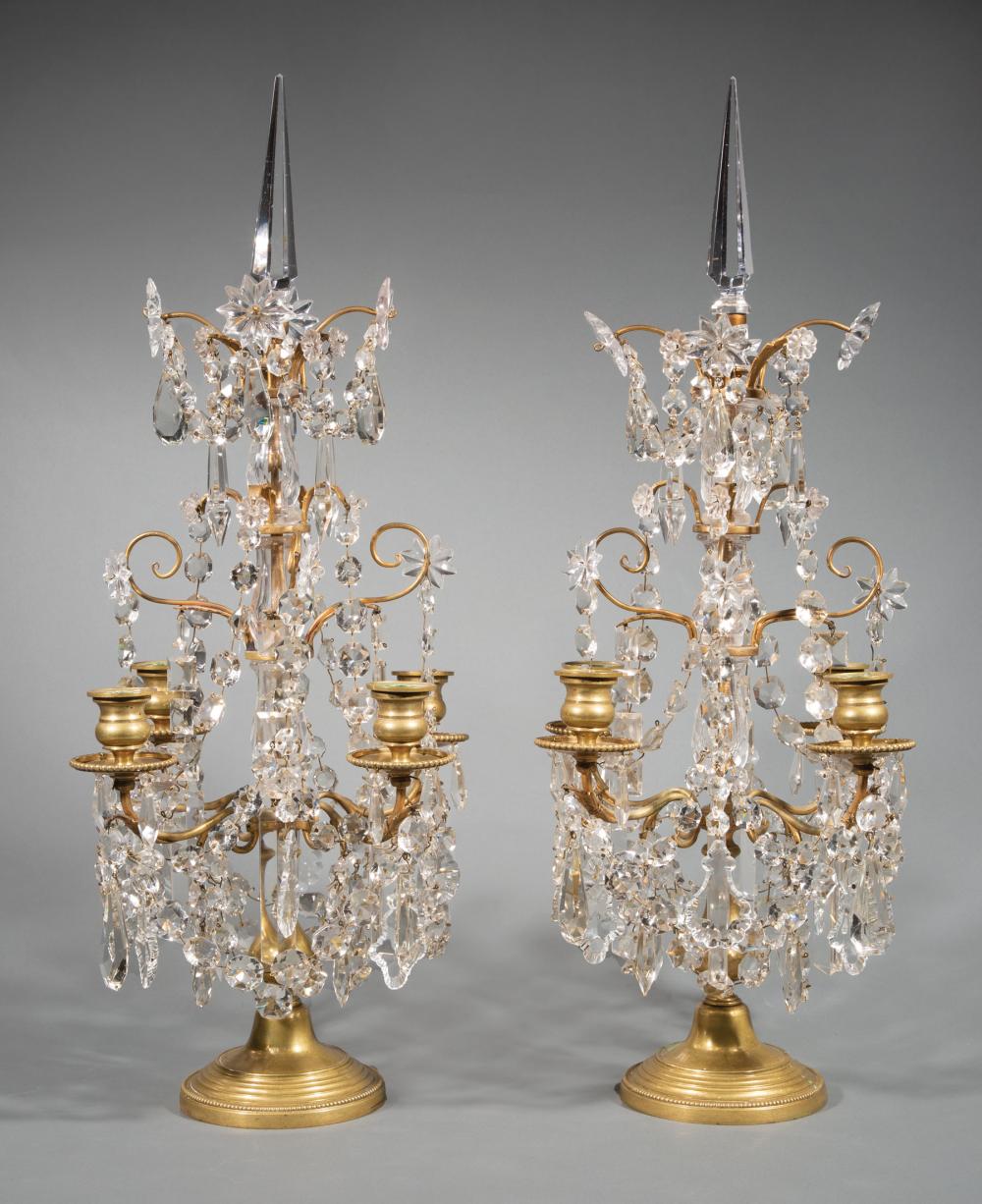 Appraisal: Pair of French Bronze and Crystal Four-Light Girandoles c vasiform