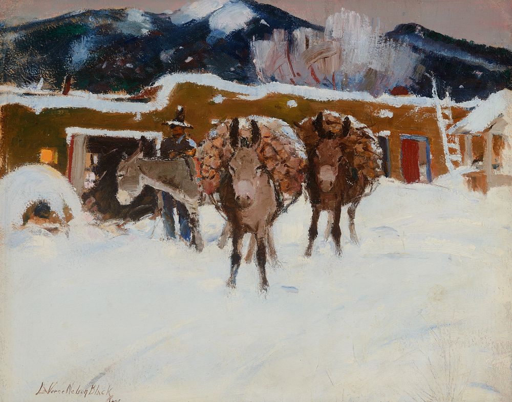 Appraisal: LaVerne Nelson Black - Burros in Winter Taos LaVerne Nelson