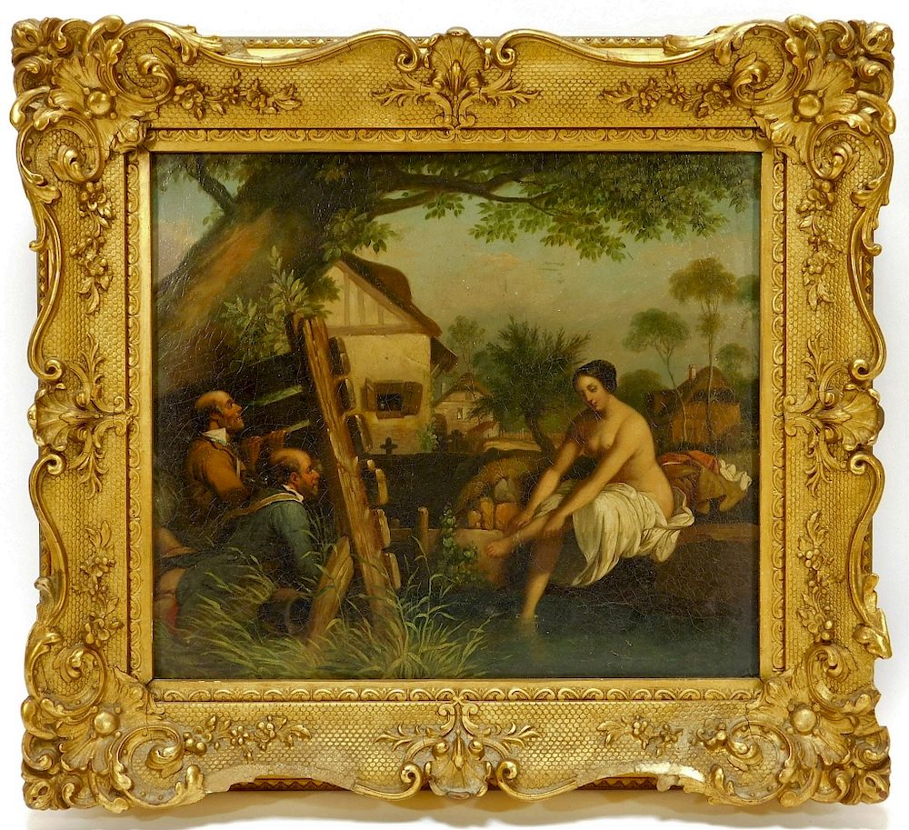 Appraisal: French Peeping Tom Nude Woman Genre Painting French Peeping Tom