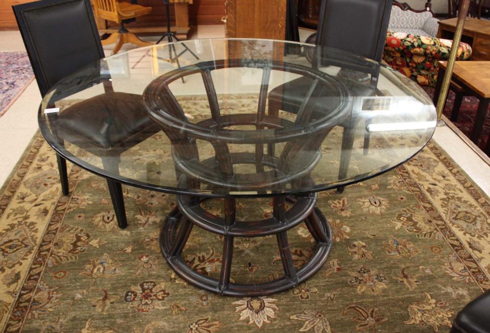 Appraisal: CONTEMPORARY ROUND GLASS-TOP RATTAN PEDESTAL DINING TABLE Milling Road Collection