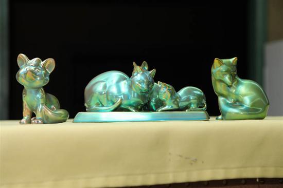 Appraisal: THREE ZSOLNAY FIGURES All green iridescent A mother cat and