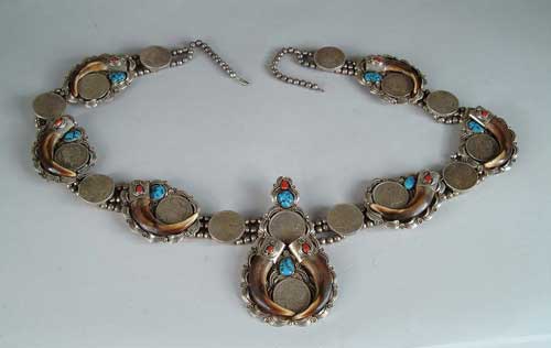 Appraisal: SENSATIONAL MASSIVE SILVER DOLLAR TURQUOISE AND CLAW NECKLACE BY JOHN