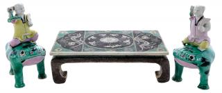 Appraisal: Chinese Porcelain Miniature Table With Two Frog Figures Famille Noire