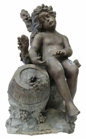 Appraisal: Large patinated bronze garden sculpture th c reclining cherub with