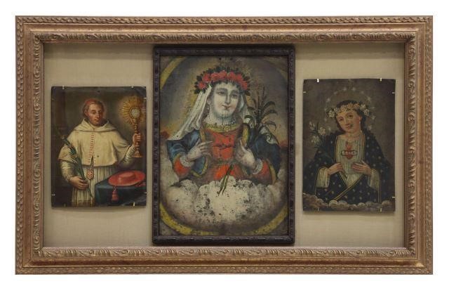 Appraisal: Framed oil on tin retablos three retablos housed in a