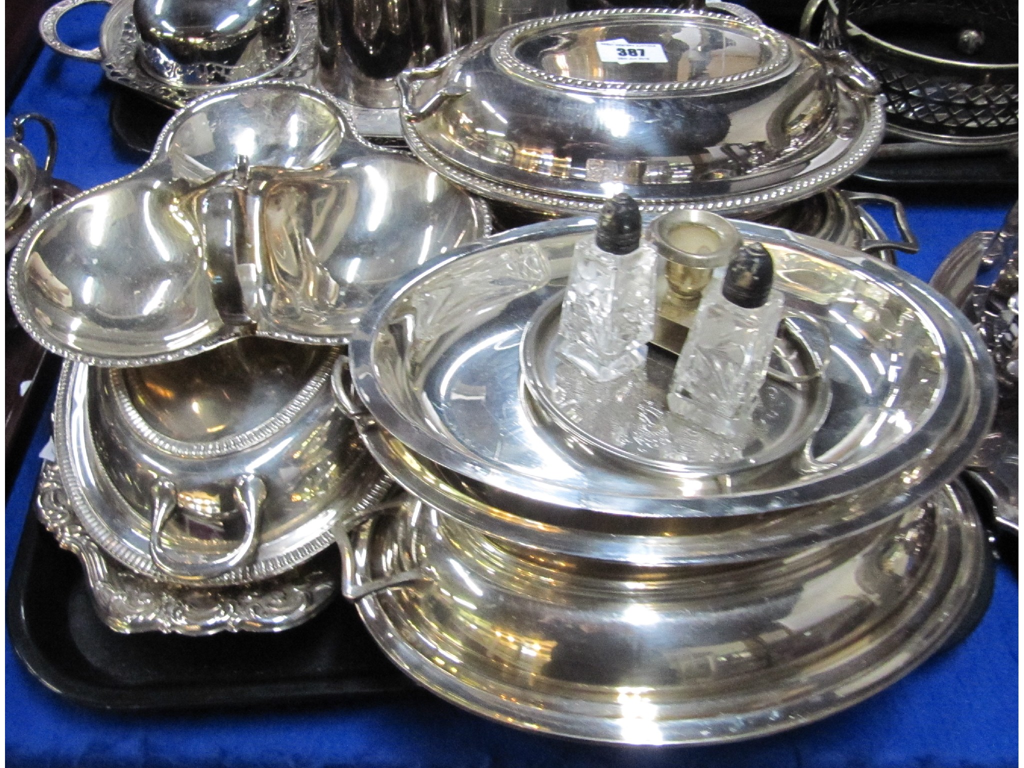 Appraisal: A tray lot of EP - entree dishes candelabrum etc