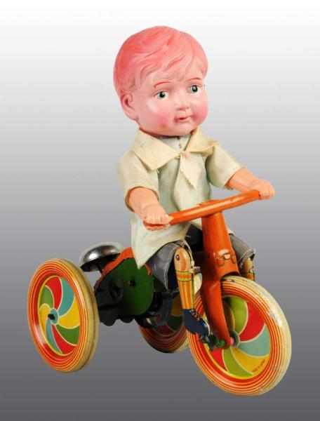 Appraisal: Tin Celluloid Cyclist Wind-Up Toy Description Japanese Pre-war Working Very