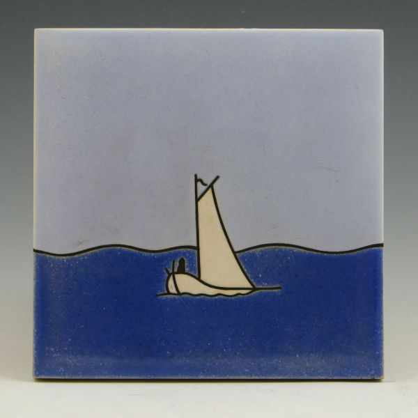 Appraisal: Exceptionally rare Hull Faience tile with sailboat decoration Marked Hull