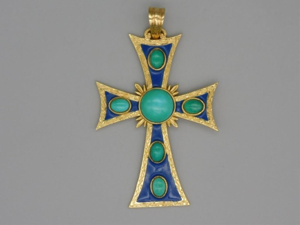 Appraisal: ITALIAN KT GOLD CROSS WITH ENAMEL DECORATIONand set with turquoise