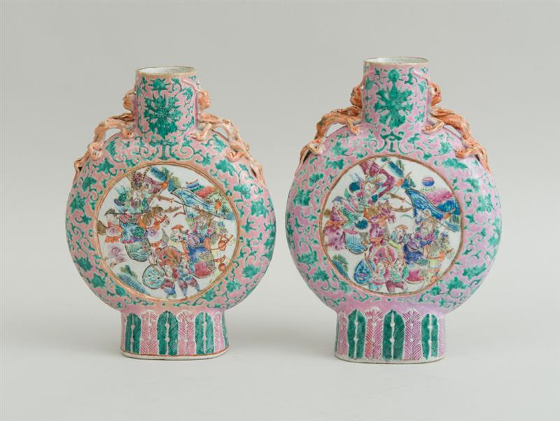 Appraisal: PAIR OF CHINESE FAMILLE ROSE PORCELAIN PINK-GROUND MOON VASES Unmarked