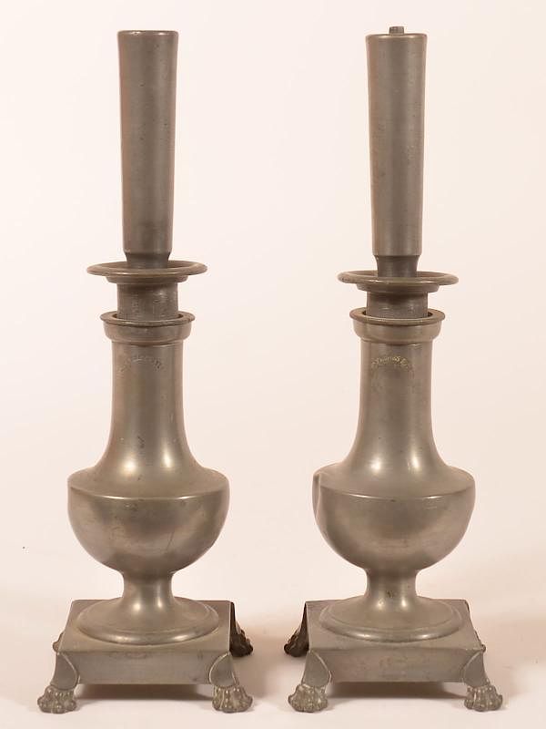 Appraisal: Pair of French th Century Pewter Candlestick Form Fluid Lamps