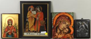 Appraisal: Four Icons Including A Reverse Glass Painted Image Four icons