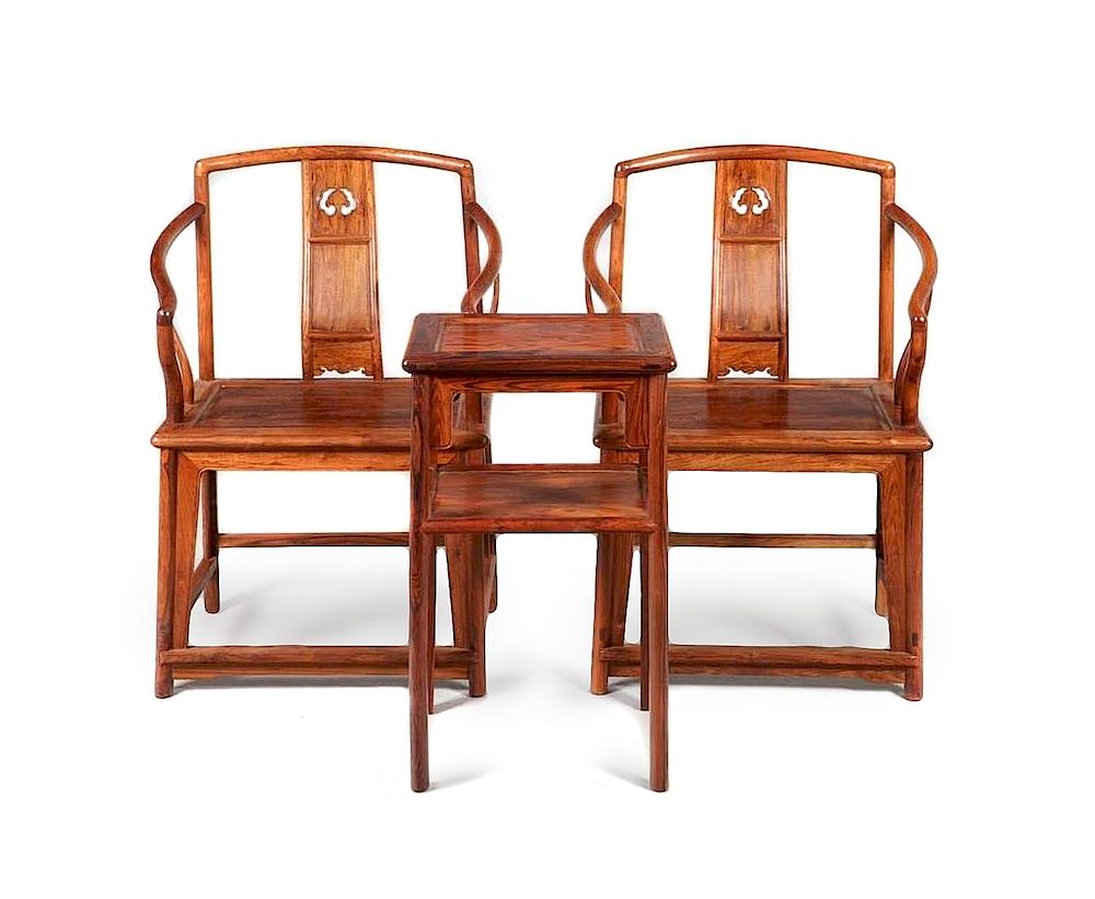 Appraisal: A Set of Huanghuali Armchairs and Side Table Chair height