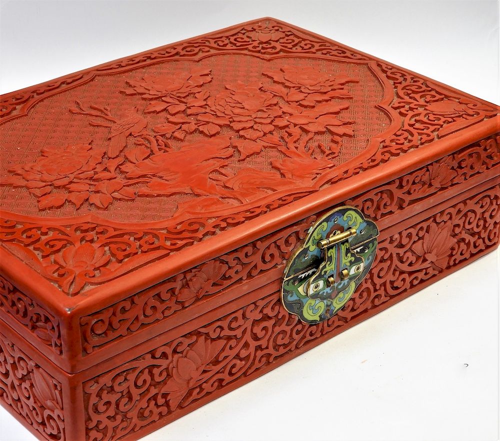 Appraisal: Chinese Carved Lacquer Cinnabar Cloisonne Box China Early th Century