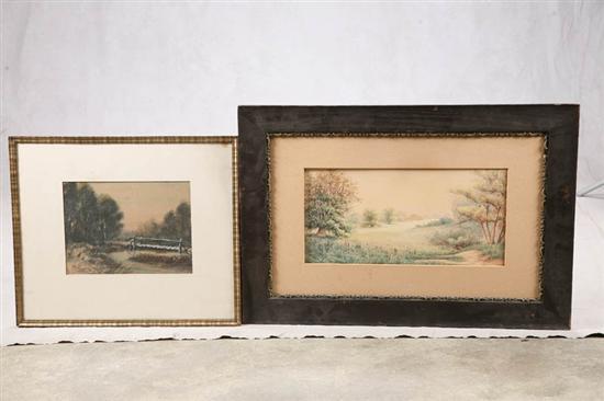 Appraisal: TWO LANDSCAPE PAINTINGS Watercolors Winter bridge signed G Alexander h