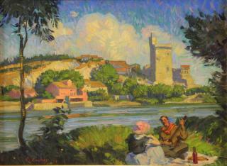 Appraisal: ENDRES Louis Oil Panel Riverside Picnic Signed and dated lower