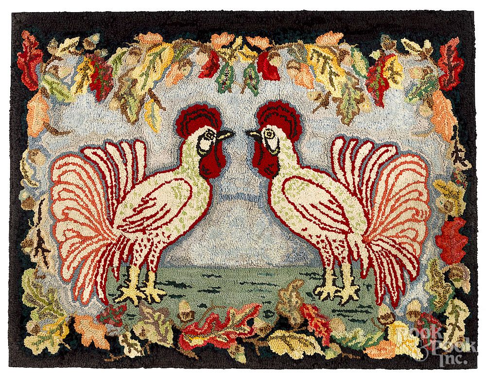 Appraisal: American hooked rug with roosters American hooked rug with roosters