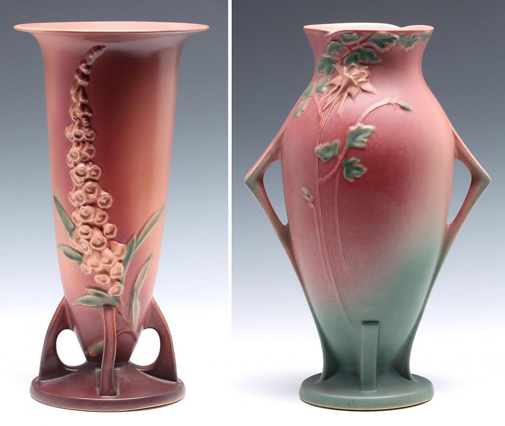 Appraisal: ROSEVILLE ART POTTERY -INCH FOXGLOVE AND COLUMBINE The professionally restored