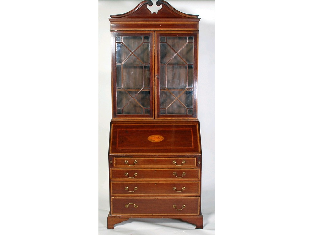 Appraisal: EDWARDIAN INLAID MAHOGANY BUREAU BOOKCASE the swan neck pediment above