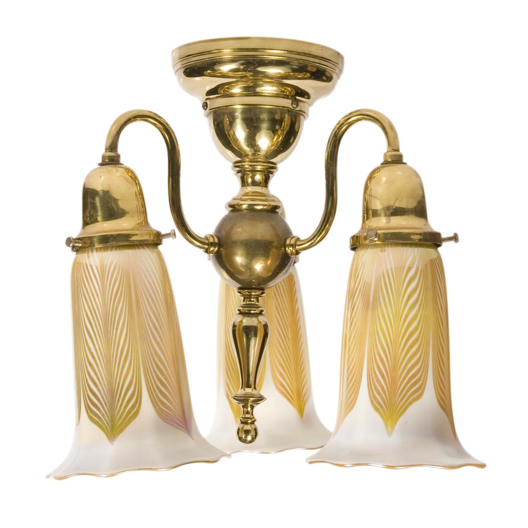 Appraisal: Quezal Glass and Brass Three-Light Ceiling Fixture Circa En suite