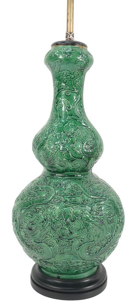 Appraisal: Green Glazed Chinese Double Gourd Dragon Vase Lamp with onion