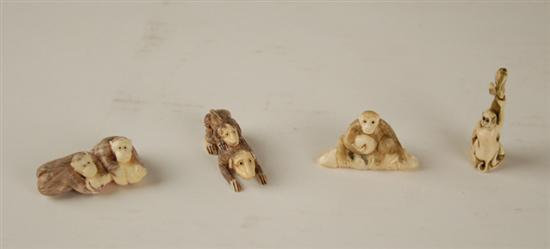 Appraisal: Four Hippo Ivory Monkey Netsukes in varying poses two with