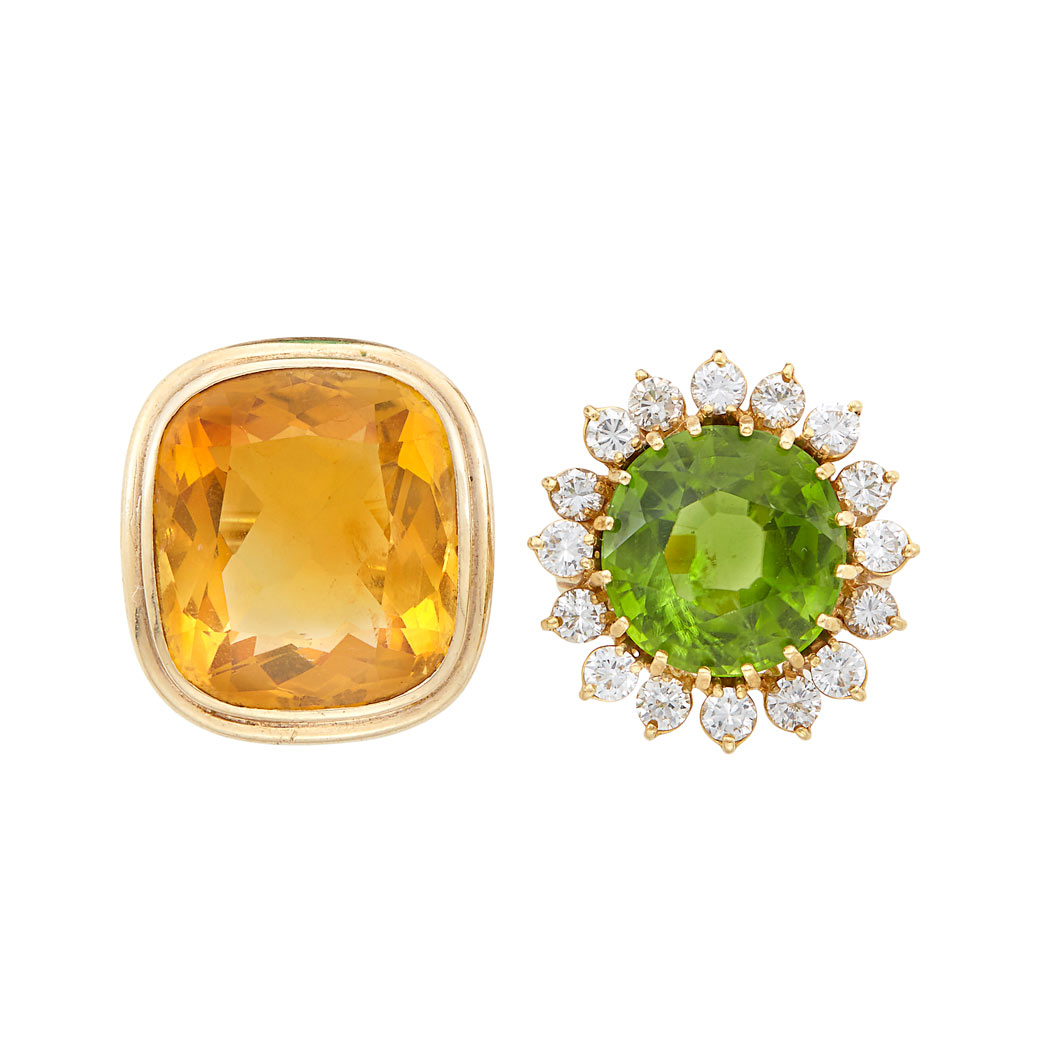 Appraisal: Gold Peridot and Diamond Ring and Gold and Citrine Ring