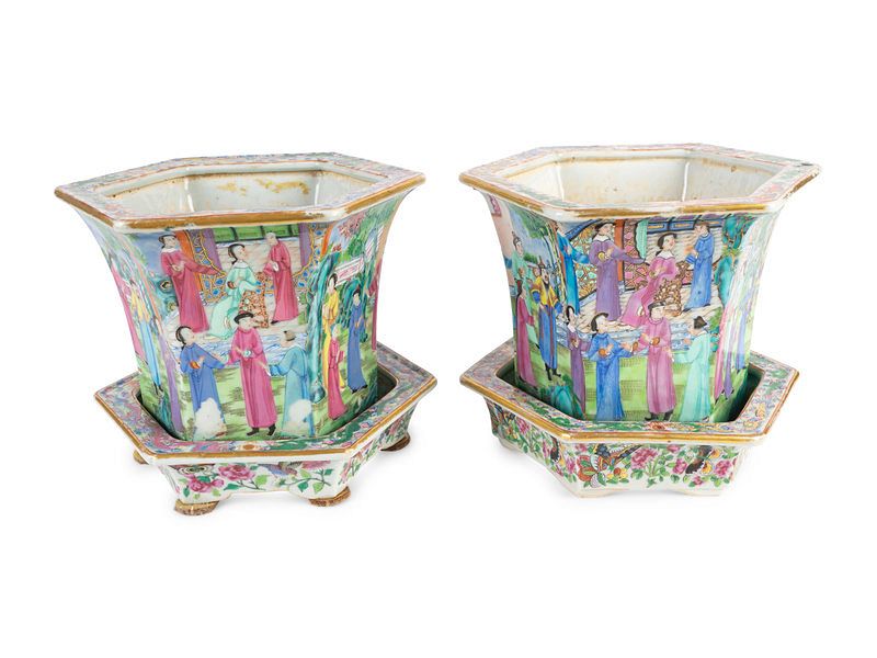 Appraisal: A Pair of Chinese Export Famille Rose Porcelain Hexagonal Jardinieres