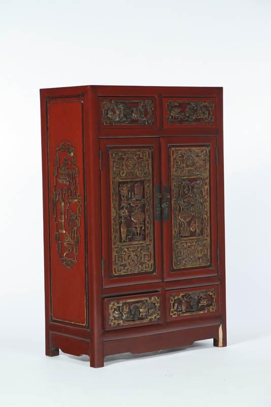 Appraisal: SMALL CABINET China early th century hardwood Red lacquer ground