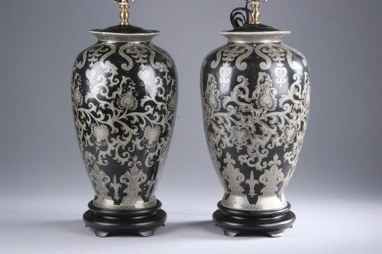 Appraisal: PAIR CHINESE GRISAILLE PORCELAIN VASES Scrolling foliage decoration electrified -