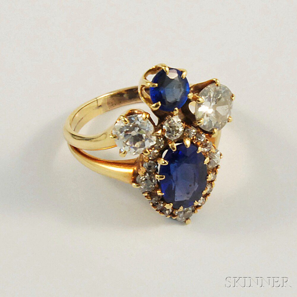 Appraisal: Antique Gold Synthetic Sapphire and Diamond Ring the cushion-cut synthetic