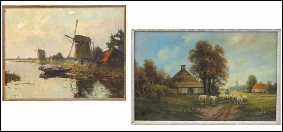 Appraisal: J VOGEL TH CENTURY WINDMILLS ALONG A SHORELINE Oil on