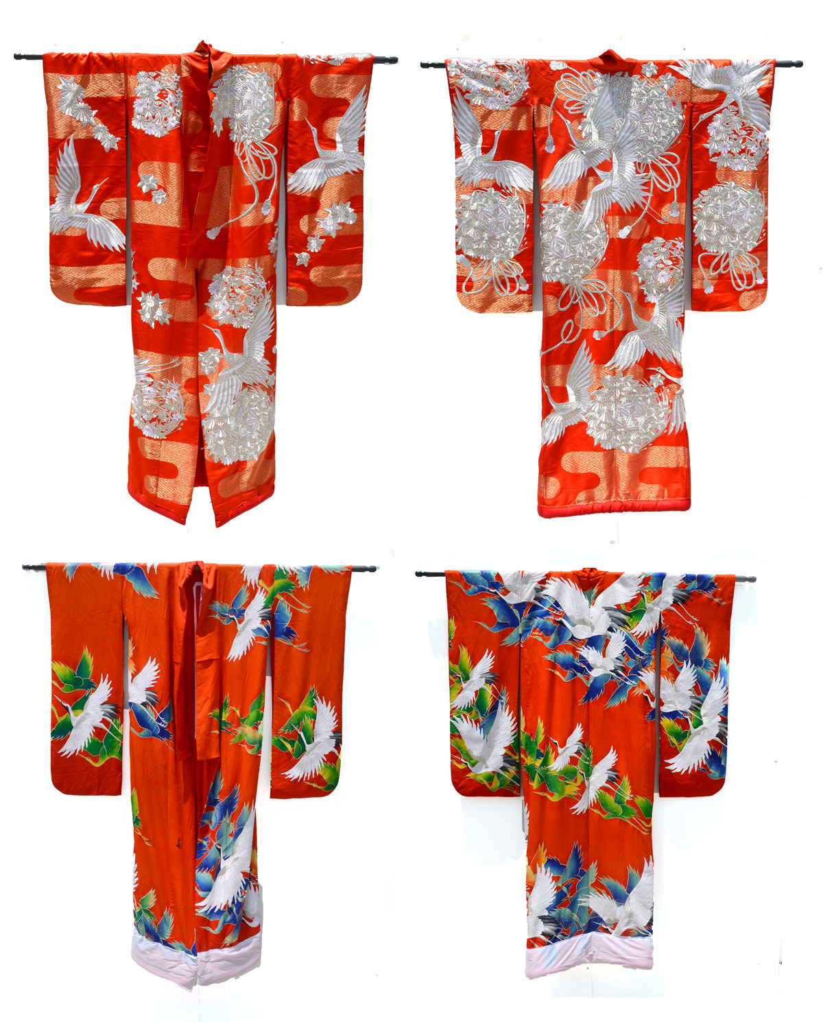 Appraisal: JAPANESE CRANE KIMONOS red silk ground Kimonos having flying cranes