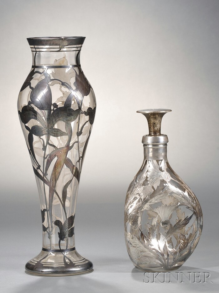 Appraisal: English Sterling Silver Overlaid Colorless Glass Vase and Decanter ht