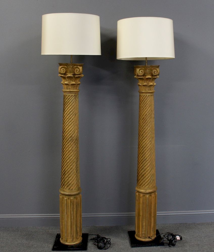 Appraisal: Pair of Carved Wood Column Form Lamps Labeled Restoration Hardware