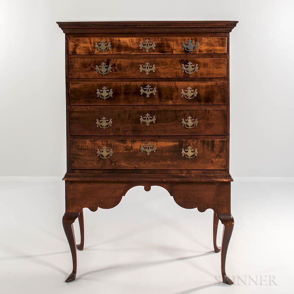 Appraisal: Queen Anne Tiger Maple Chest-on-Frame Queen Anne Tiger Maple Chest-on-Frame