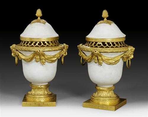 Appraisal: PAIR OF COVERED VASES AUX TETES DE LIONS Louis XVI